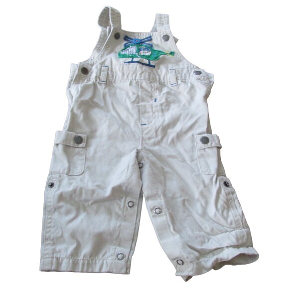Bib Overalls Infant Boys 3-6M Tan Beige Snap Up Adjustable Helicopter Vehicles - Picture 1 of 10